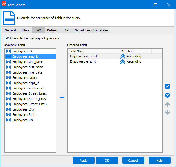 Edit Report dialog with department name and employee selected as the fields to sort by.